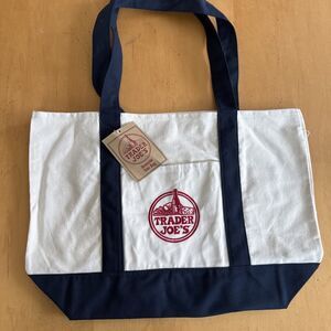 TRADER JOE'S LARGE CANVAS BAG Icon COTTON REUSABLE SHOPPING LARGE NAVY BLUE NWT